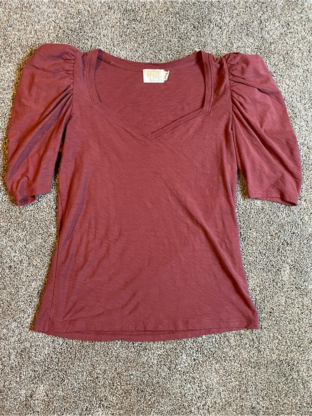 Nation Ltd Burgundy Pink Puff Sleeve V-Neck Top Size XS
